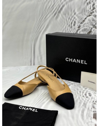 CHANEL SLINGBACK FLATS SIZE 39 IN BEIGE WITH BLACK -FULL SET-