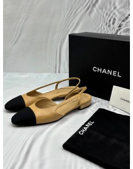 CHANEL SLINGBACK FLATS SIZE 39 IN BEIGE WITH BLACK -FULL SET-