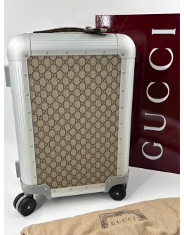 GUCCI PORTER CABIN PLUS TROLLEY LUGGAGE IN SILVER ALUMINUM WITH BEIGE AND EBONY GG SUPREME CANVAS -FULL SET-