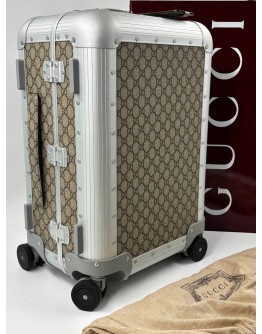 GUCCI PORTER CABIN PLUS TROLLEY LUGGAGE IN SILVER ALUMINUM WITH BEIGE AND EBONY GG SUPREME CANVAS -FULL SET-