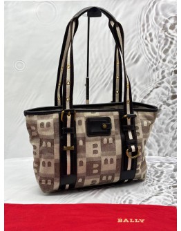 BALLY TOTE BAG IN BEIGE CANVAS WITH BLACK LEATHER