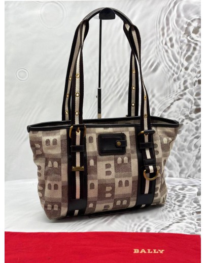 BALLY TOTE BAG IN BEIGE CANVAS WITH BLACK LEATHER