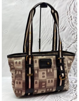 BALLY TOTE BAG IN BEIGE CANVAS WITH BLACK LEATHER