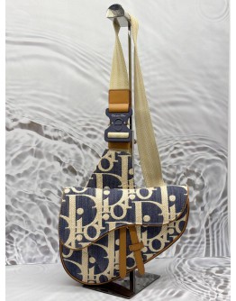 CHRISTIAN DIOR SADDLE IN BLUE RAFFIA EFFECT OBLIQUE JACQUARD 