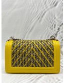 CHANEL BOY MEDIUM CHEVRON SHOULDER BAG IN YELLOW TWEED WITH LEATHER