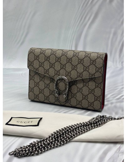 GUCCI DIONYSUS WALLET ON CHAIN IN BEIGE GG SUPREME CANVAS WITH RED LEATHER