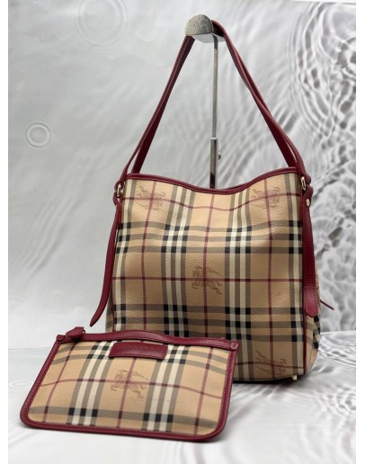 BURBERRY CANTERBURY TOTE BAG IN BEIGE HAYMARKET CHECK CANVAS WITH BURGUNDY LEATHER