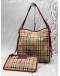 BURBERRY CANTERBURY TOTE BAG IN BEIGE HAYMARKET CHECK CANVAS WITH BURGUNDY LEATHER