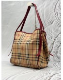 BURBERRY CANTERBURY TOTE BAG IN BEIGE HAYMARKET CHECK CANVAS WITH BURGUNDY LEATHER