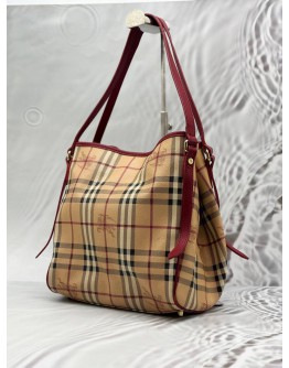 BURBERRY CANTERBURY TOTE BAG IN BEIGE HAYMARKET CHECK CANVAS WITH BURGUNDY LEATHER