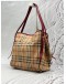 BURBERRY CANTERBURY TOTE BAG IN BEIGE HAYMARKET CHECK CANVAS WITH BURGUNDY LEATHER