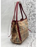 BURBERRY CANTERBURY TOTE BAG IN BEIGE HAYMARKET CHECK CANVAS WITH BURGUNDY LEATHER
