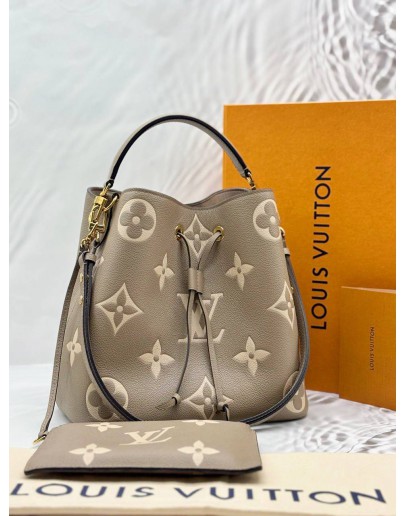 (LIKE NEW) MICROCHIP LOUIS VUITTON NEONOE MM IN TOURTERELLE WITH CREME MONOGRAM EMPREINTE LEATHER -FULL SET-