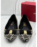 SALVATORE FERRAGAMO VARINA FLATS SIZE 8 IN BLACK AND WHITE WITH GOLD BEADED -FULL SET-