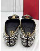 SALVATORE FERRAGAMO VARINA FLATS SIZE 8 IN BLACK AND WHITE WITH GOLD BEADED -FULL SET-
