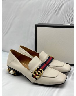 GUCCI PEYTON PEARL LOAFERS SIZE 39.5 IN OFF WHITE LEATHER