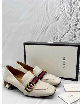GUCCI PEYTON PEARL LOAFERS SIZE 39.5 IN OFF WHITE LEATHER