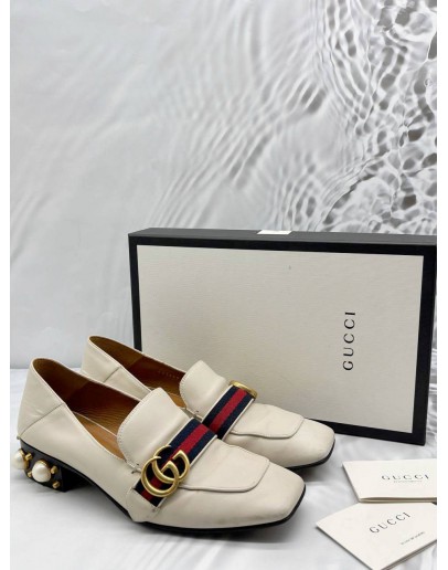 GUCCI PEYTON PEARL LOAFERS SIZE 39.5 IN OFF WHITE LEATHER
