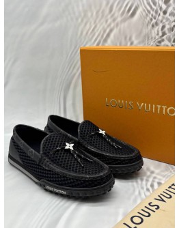 (LIKE NEW) LOUIS VUITTON RACER MOCCASINS SIZE 7 IN BLACK MONOGRAM ECLIPSE CANVAS WITH MESH FABRIC -FULL SET- 