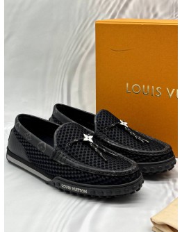 (LIKE NEW) LOUIS VUITTON RACER MOCCASINS SIZE 7 IN BLACK MONOGRAM ECLIPSE CANVAS WITH MESH FABRIC -FULL SET- 