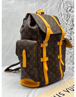 (LIKE NEW) MICROCHIP LOUIS VUITTON CHRISTOPHER MM BACKPACK IN BROWN MONOGRAM CANVAS WITH YELLOW LEATHER