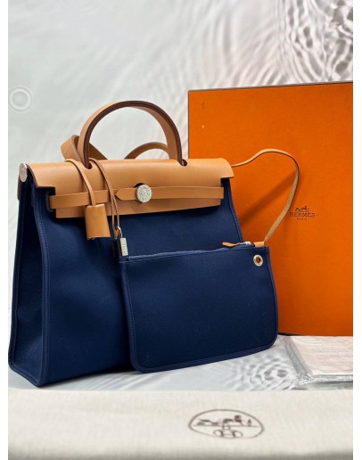 (LIKE NEW) 2016 HERMES HERBAG ZIP 31 IN BLEU MARINE TOILE H CANVAS WITH TAN VACHE HUNTER LEATHER -FULL SET-