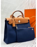 (LIKE NEW) 2016 HERMES HERBAG ZIP 31 IN BLEU MARINE TOILE H CANVAS WITH TAN VACHE HUNTER LEATHER -FULL SET-