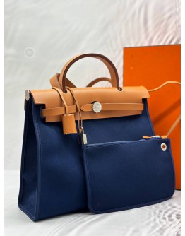 (LIKE NEW) 2016 HERMES HERBAG ZIP 31 IN BLEU MARINE TOILE H CANVAS WITH TAN VACHE HUNTER LEATHER -FULL SET-