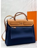 (LIKE NEW) 2016 HERMES HERBAG ZIP 31 IN BLEU MARINE TOILE H CANVAS WITH TAN VACHE HUNTER LEATHER -FULL SET-