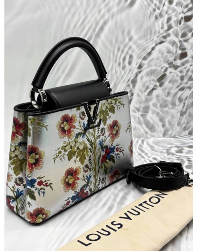 MICROCHIP LOUIS VUITTON CAPUCINES BB IN METALLIC SILVER CALFSKIN LEATHER WITH PRINTED FLORAL MOTIF