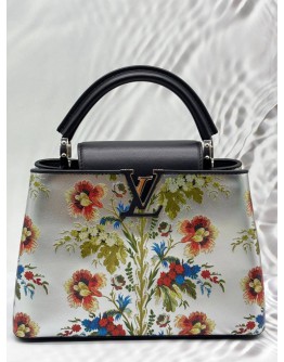 MICROCHIP LOUIS VUITTON CAPUCINES BB IN METALLIC SILVER CALFSKIN LEATHER WITH PRINTED FLORAL MOTIF