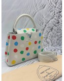 MICROCHIP LOUIS VUITTON X YAYOI KUSAMA CAPUCINES BB IN WHITE TAURILLON LEATHER WITH PRINTED MULTICOLOR POLKA DOTS