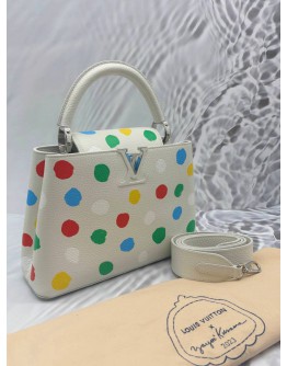 MICROCHIP LOUIS VUITTON X YAYOI KUSAMA CAPUCINES BB IN WHITE TAURILLON LEATHER WITH PRINTED MULTICOLOR POLKA DOTS