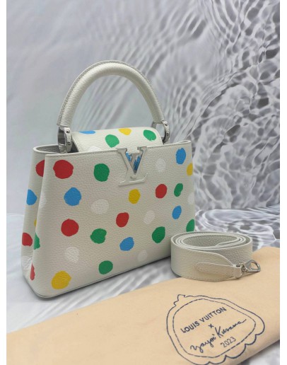 MICROCHIP LOUIS VUITTON X YAYOI KUSAMA CAPUCINES BB IN WHITE TAURILLON LEATHER WITH PRINTED MULTICOLOR POLKA DOTS