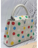 MICROCHIP LOUIS VUITTON X YAYOI KUSAMA CAPUCINES BB IN WHITE TAURILLON LEATHER WITH PRINTED MULTICOLOR POLKA DOTS