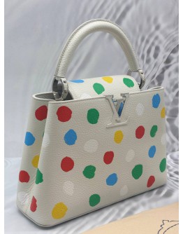 MICROCHIP LOUIS VUITTON X YAYOI KUSAMA CAPUCINES BB IN WHITE TAURILLON LEATHER WITH PRINTED MULTICOLOR POLKA DOTS