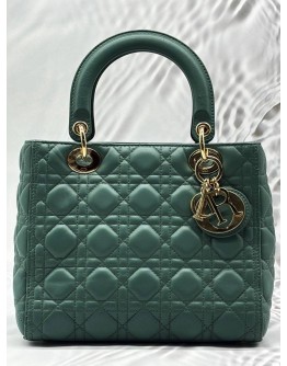CHRISTIAN DIOR MEDIUM LADY DIOR IN SAGE GREEN CANNAGE LAMBSKIN LEATHER