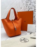 (LIKE NEW) HERMES PICOTIN LOCK 18 IN ORANGE CLEMENCE LEATHER -FULL SET-