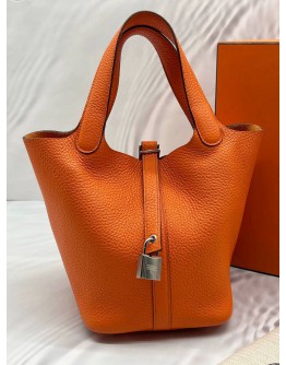 (LIKE NEW) HERMES PICOTIN LOCK 18 IN ORANGE CLEMENCE LEATHER -FULL SET-