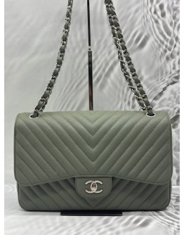 CHANEL JUMBO CLASSIC CHEVRON DOUBLE FLAP BAG IN LIGHT OLIVE GREEN CAVIAR LEATHER