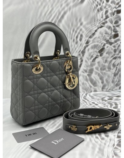 CHRISTIAN DIOR SMALL LADY DIOR MY ABCDIOR IN STONE GREY CANNAGE LAMBSKIN LEATHER