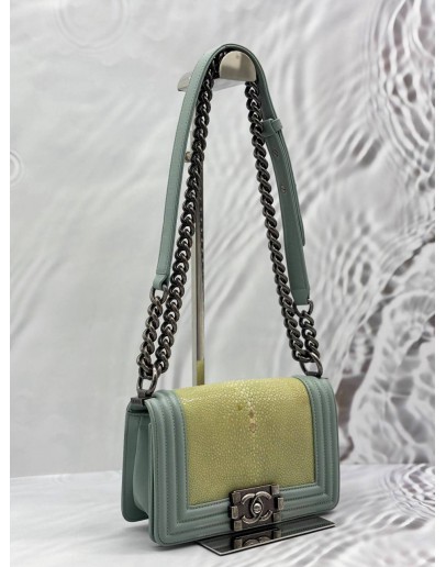 CHANEL BOY SMALL SHOULDER BAG IN LIGHT GREEN GALUCHAT STINGRAY LEATHER WITH LIGHT BLUE CALFSKIN LEATHER