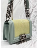 CHANEL BOY SMALL SHOULDER BAG IN LIGHT GREEN GALUCHAT STINGRAY LEATHER WITH LIGHT BLUE CALFSKIN LEATHER