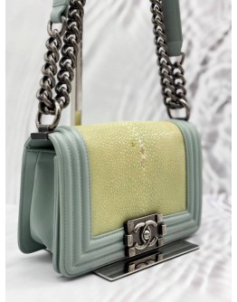 CHANEL BOY SMALL SHOULDER BAG IN LIGHT GREEN GALUCHAT STINGRAY LEATHER WITH LIGHT BLUE CALFSKIN LEATHER