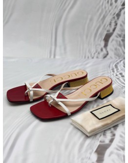 GUCCI DOUBLE G BOW THONG SANDALS SIZE 40 IN RED CALFSKIN LEATHER