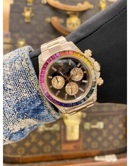 (LIKE NEW) ROLEX DAYTONA REF 116505 18K 750 EVEROSE GOLD UPGRADE 116595RBOW RAINBOW SAPPHIRE BLACK DIAL 40MM AUTOMATIC WATCH
