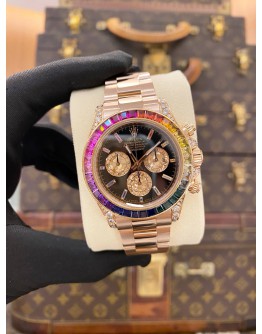 (LIKE NEW) ROLEX DAYTONA REF 116505 18K 750 EVEROSE GOLD UPGRADE 116595RBOW RAINBOW SAPPHIRE BLACK DIAL 40MM AUTOMATIC WATCH