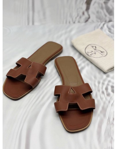 HERMES ORAN SANDALS SIZE 40 IN BROWN CALFSKIN LEATHER