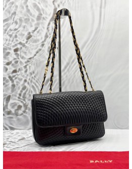 BALLY VINTAGE DOUBLE FLAP SHOULDER BAG IN BLACK LAMBSKIN LEATHER