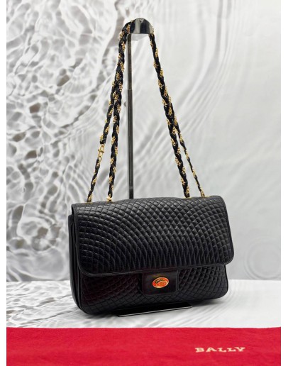 BALLY VINTAGE DOUBLE FLAP SHOULDER BAG IN BLACK LAMBSKIN LEATHER